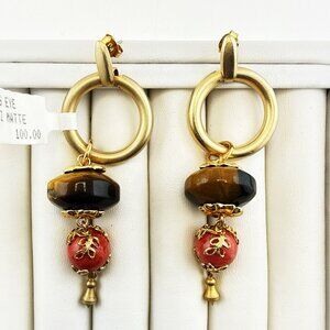 Designer Earrings Tigers Eye Runway 80s Statement Saks 5th Ro-Do NOS Gold Tone
